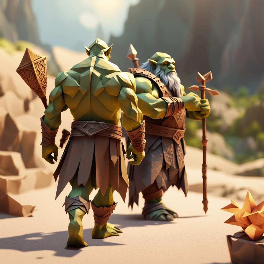 Orc and Dwarf Bard in Origami Papercraft Style