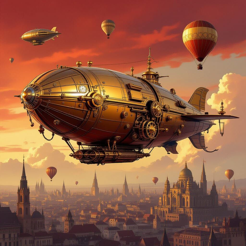 Steampunk Dragon Airship Soaring Over Victorian City