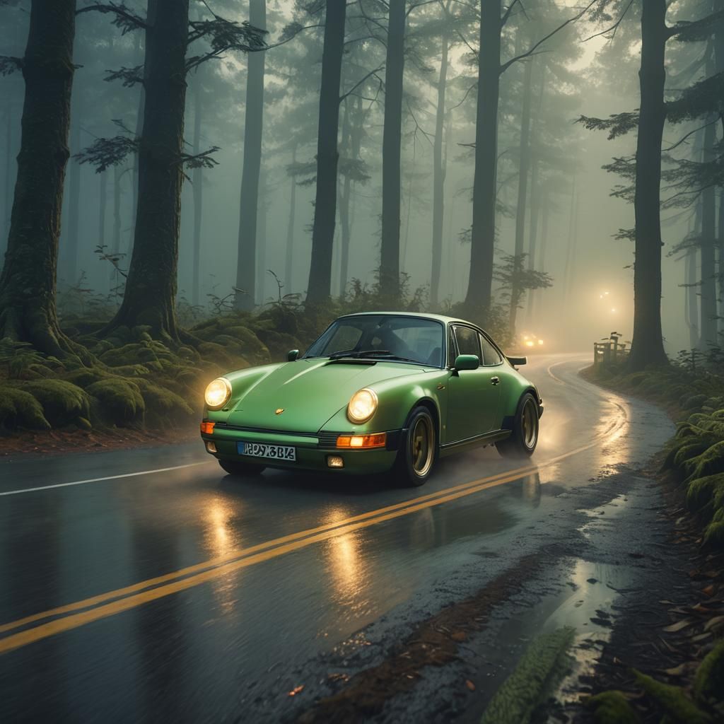 Lizard Green Porsche 911 in Foggy Forest: Hyper-Realistic