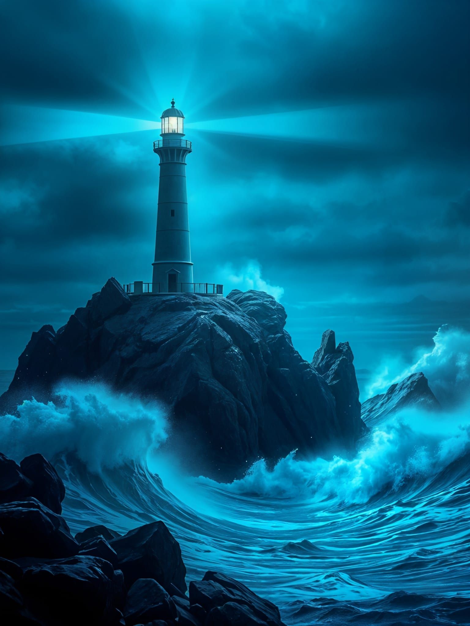 Bioluminescent Lighthouse on Craggy Rock in Eerie Haze