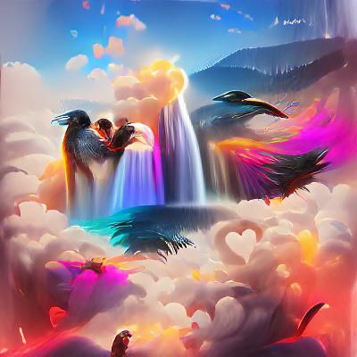 Romantic Lovebirds in Heaven: Acrylic Art Waterfall Landscap...