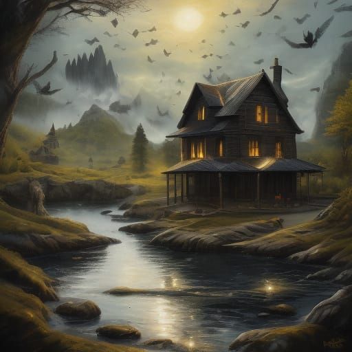 Brass Birdhouse Reflected in Still Lake: Fantasy Concept Art