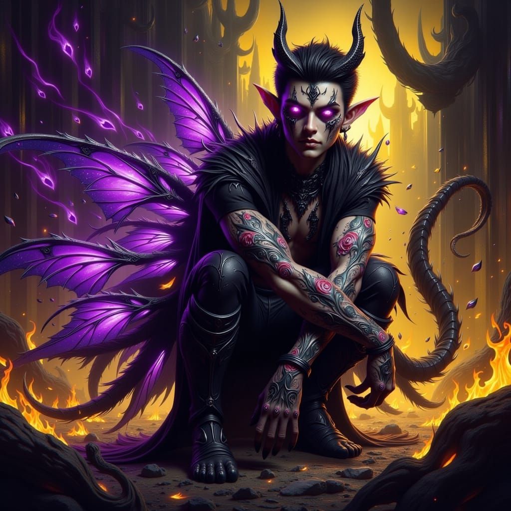 Dark Fae Warrior in Grimy, Macabre Tattooed Attire