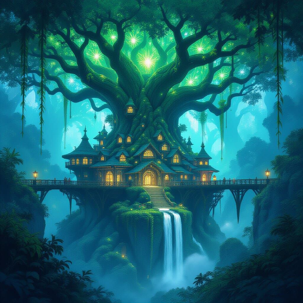Ancient Treehouse City in Bioluminescent Forest