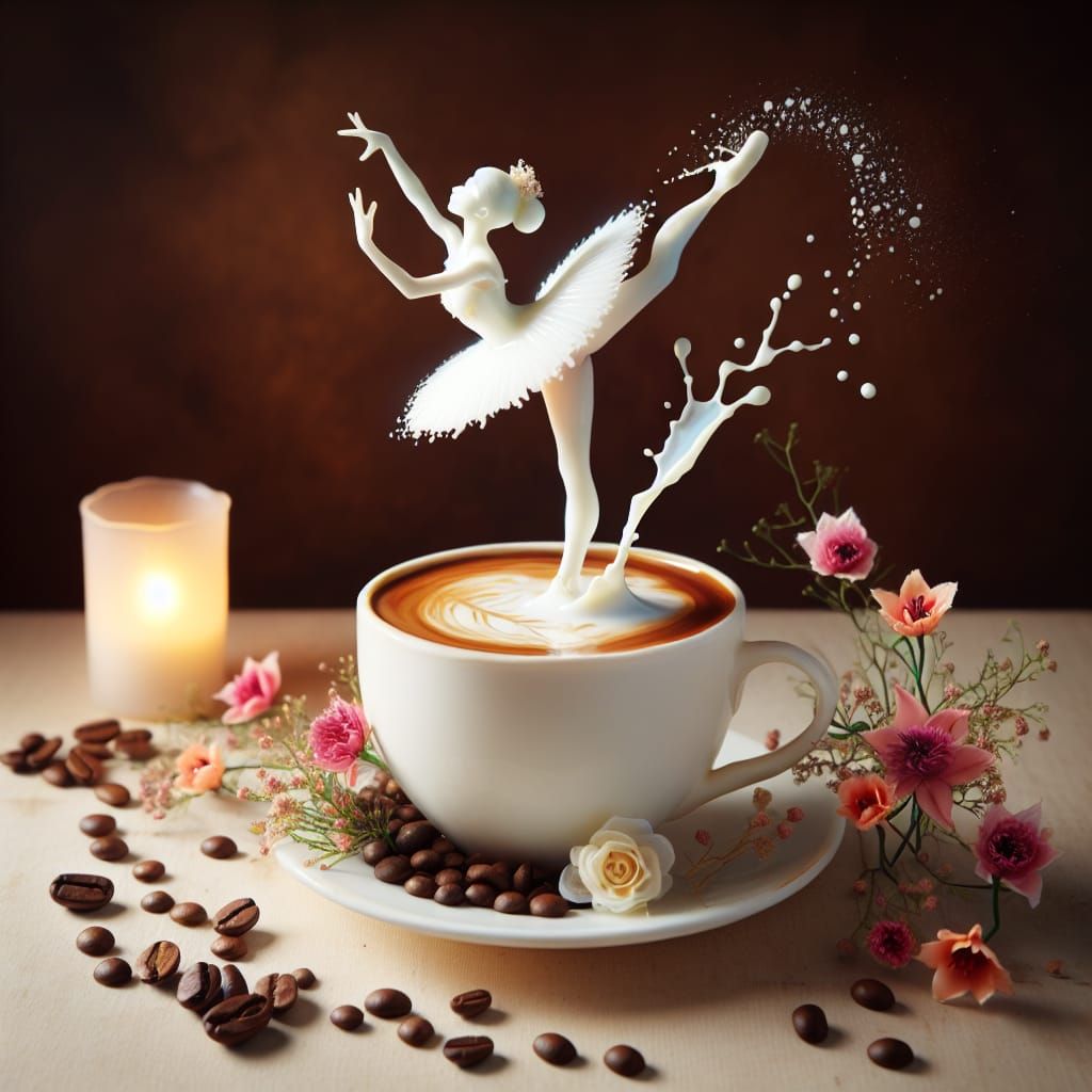 Whimsical Ballet in a Coffee Cup, Surrounded by Blooming Flo...
