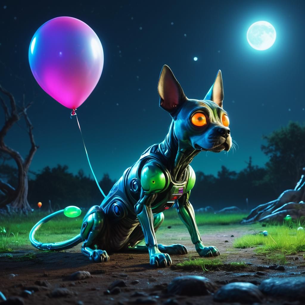 Dog-Like Alien Sits Under Moonlight: Digital Illustration