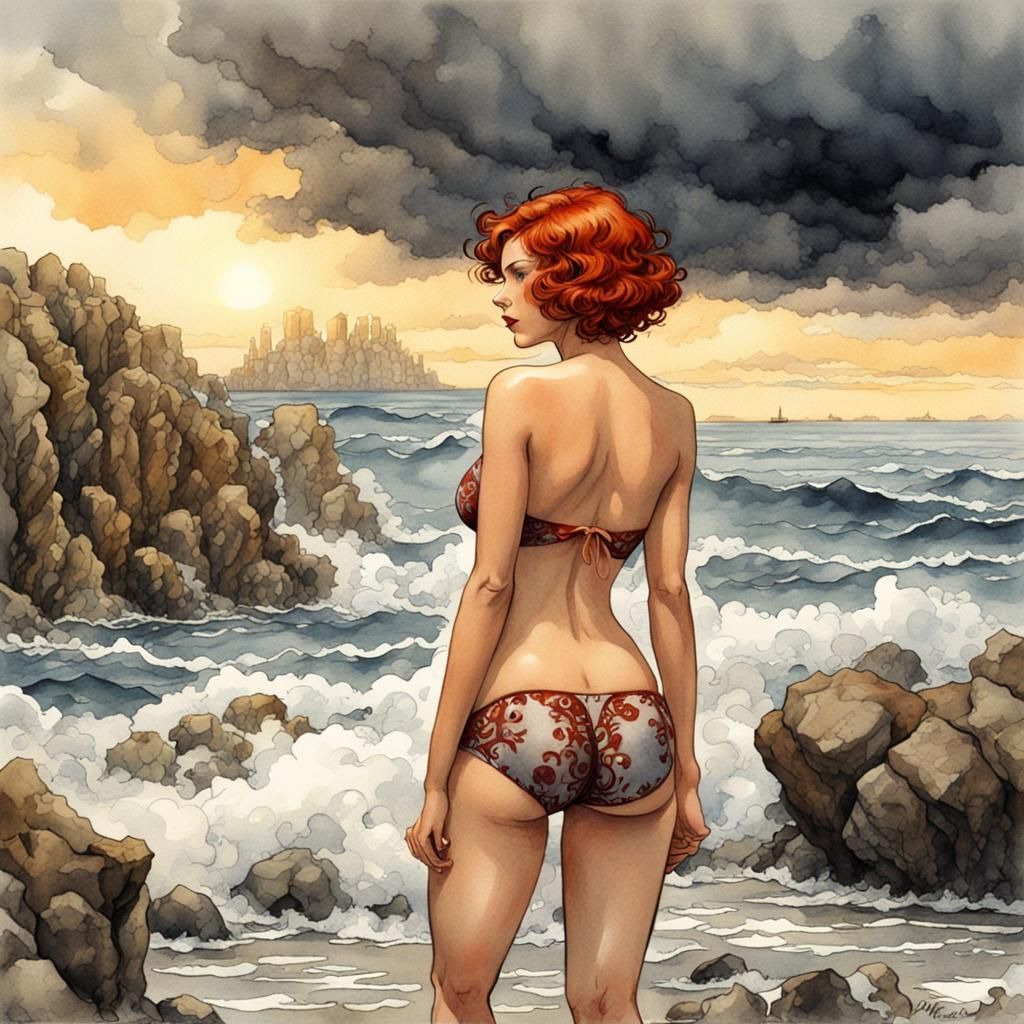 Woman with Red Hair, Watercolor Art