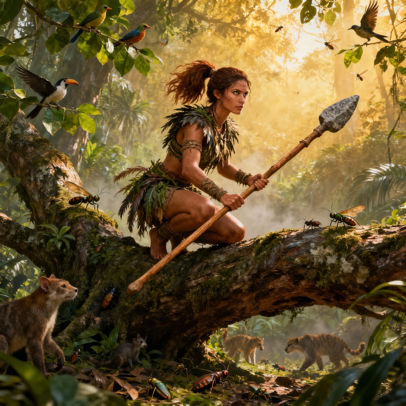 Tribal Woman with Spear in Jungle, Digital Matte Painting