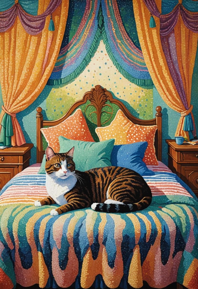 Pointillism style image depicting a cat on bed
