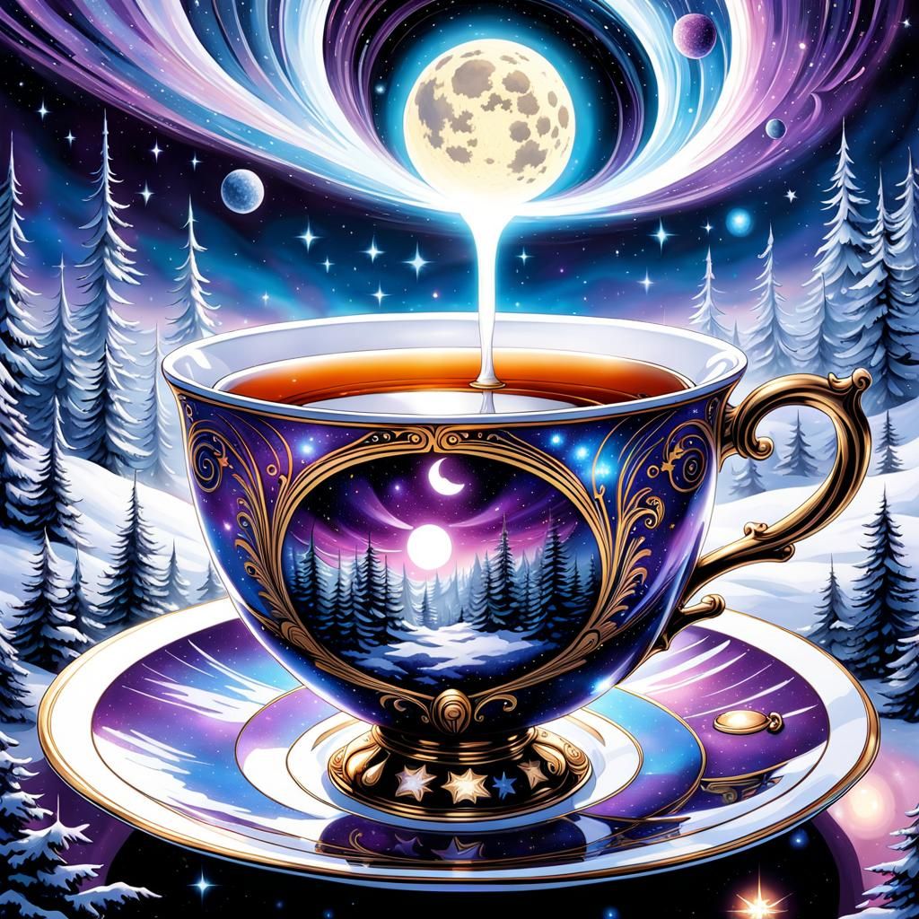 Cosmic Winter Landscape in Teacup: Gothic Watercolor