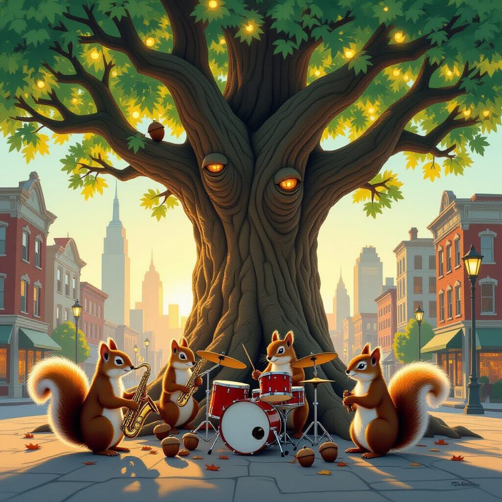 Magical Tree with Jazz Squirrels in City
