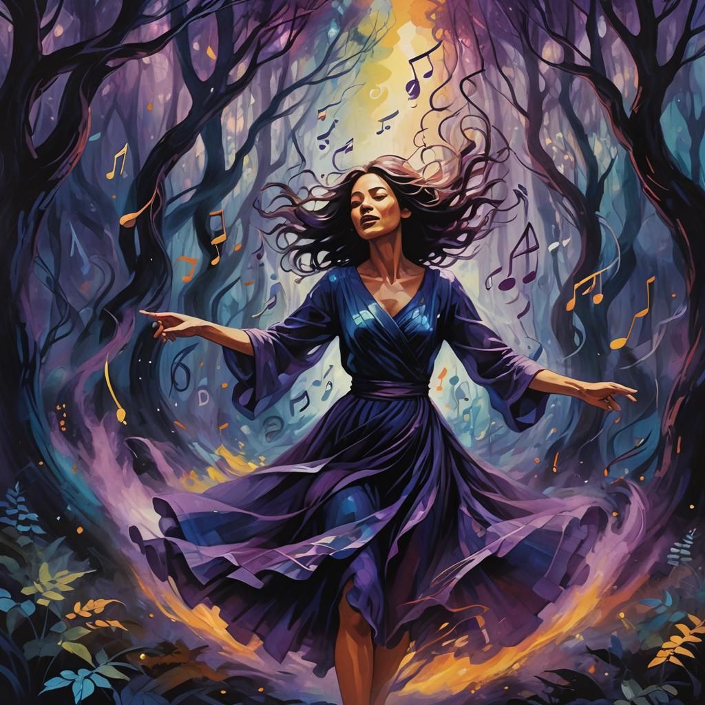 Ecstatic Dance in Mystical Forest: Expressionist Illustratio...