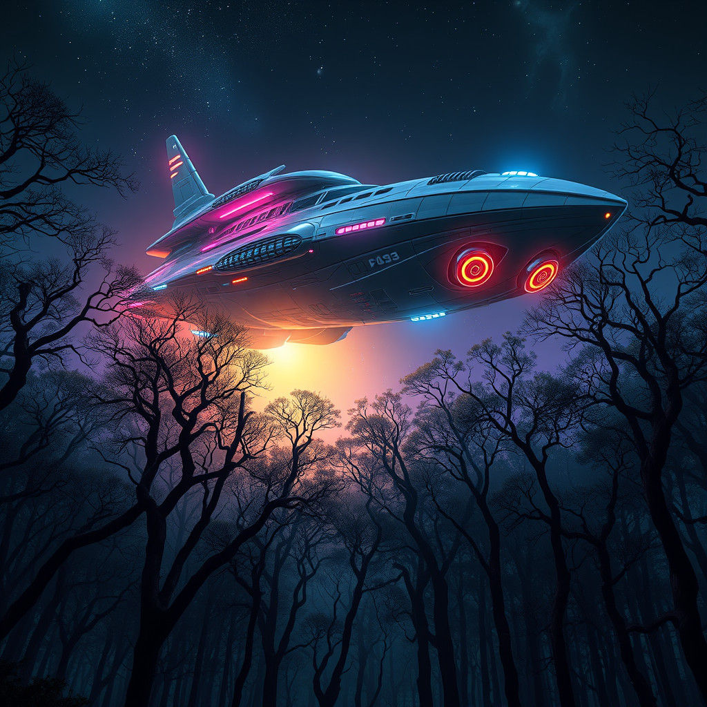 Futuristic Spaceship over Mystical Forest