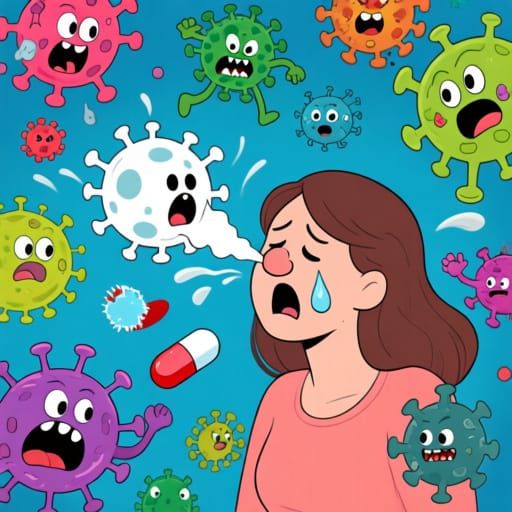 Woman Fights Cold Virus with White Blood Cell Cartoon