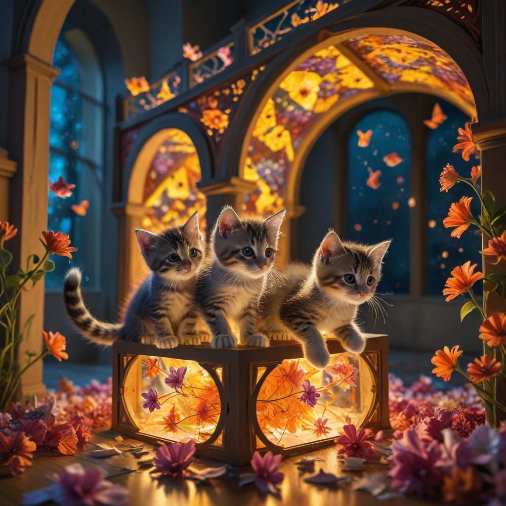 Kittens Playing in Impossible Architecture, M.C. Escher Styl...