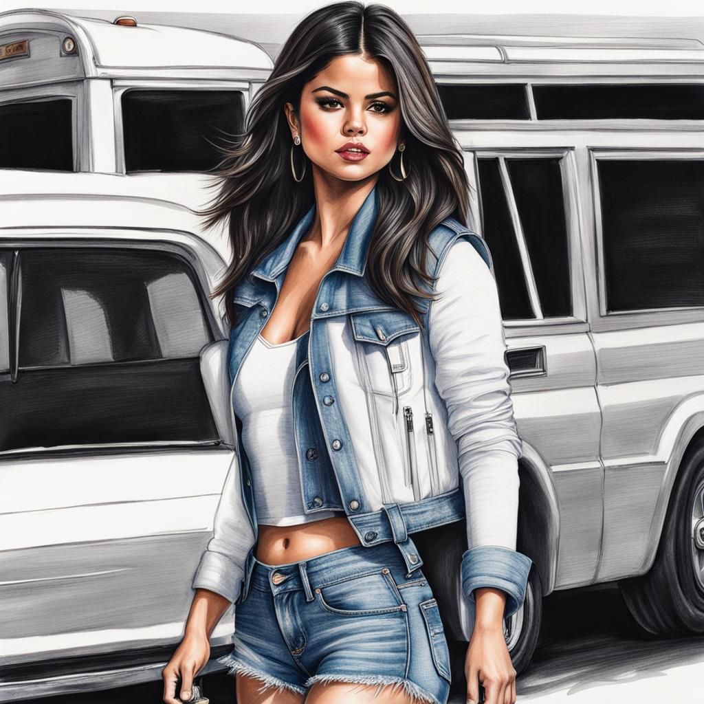 Detailed Pencil Sketch of Woman in Denim Outfit