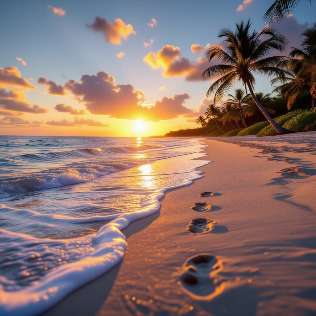 Twilight Shoreline with Glowing Waves and Sunset