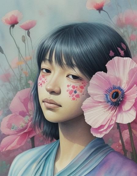 Dreamlike Watercolor Portrait with Flowers