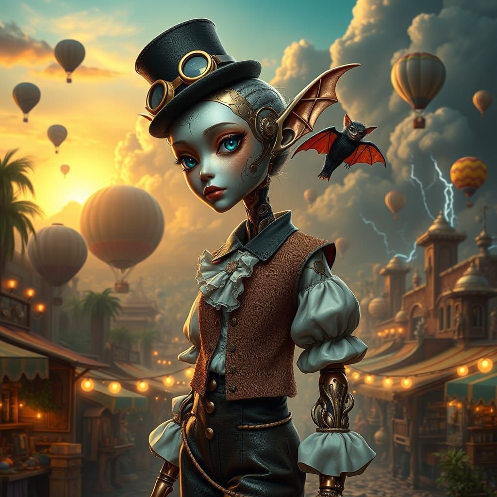 Android Elf Explorer in Steampunk Cityscape