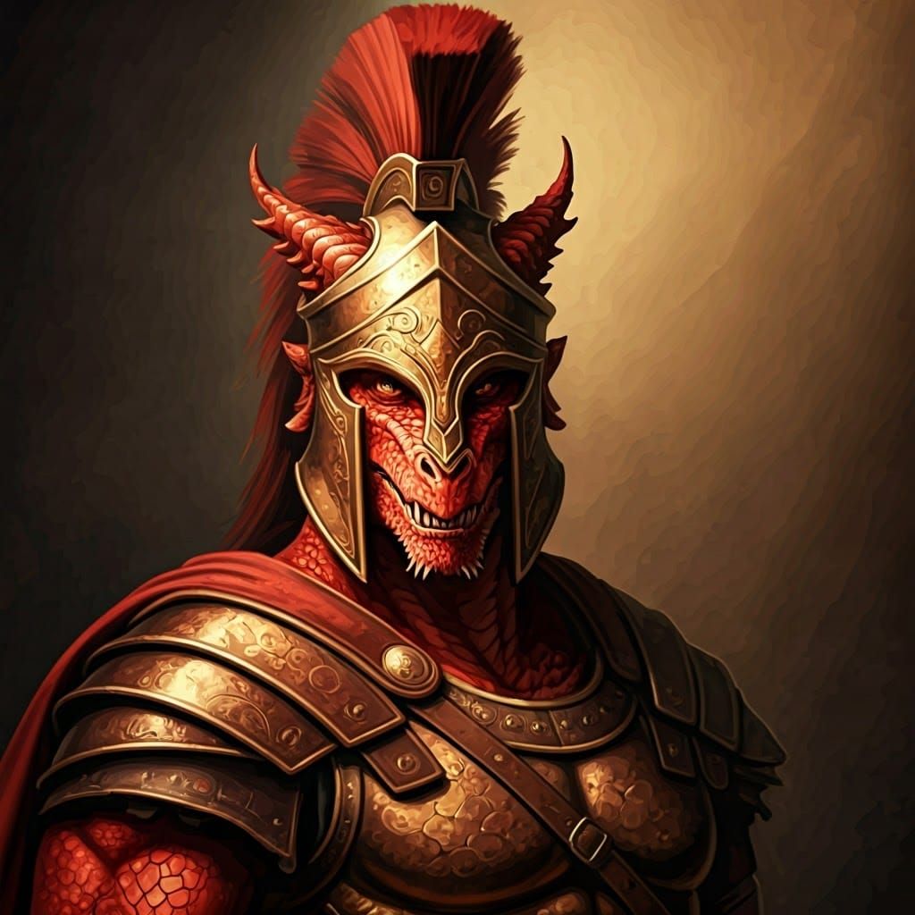 Red Dragonborn in Greek Hoplite Armor