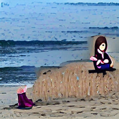 Lonely Girl Contemplates the Ocean on Beach