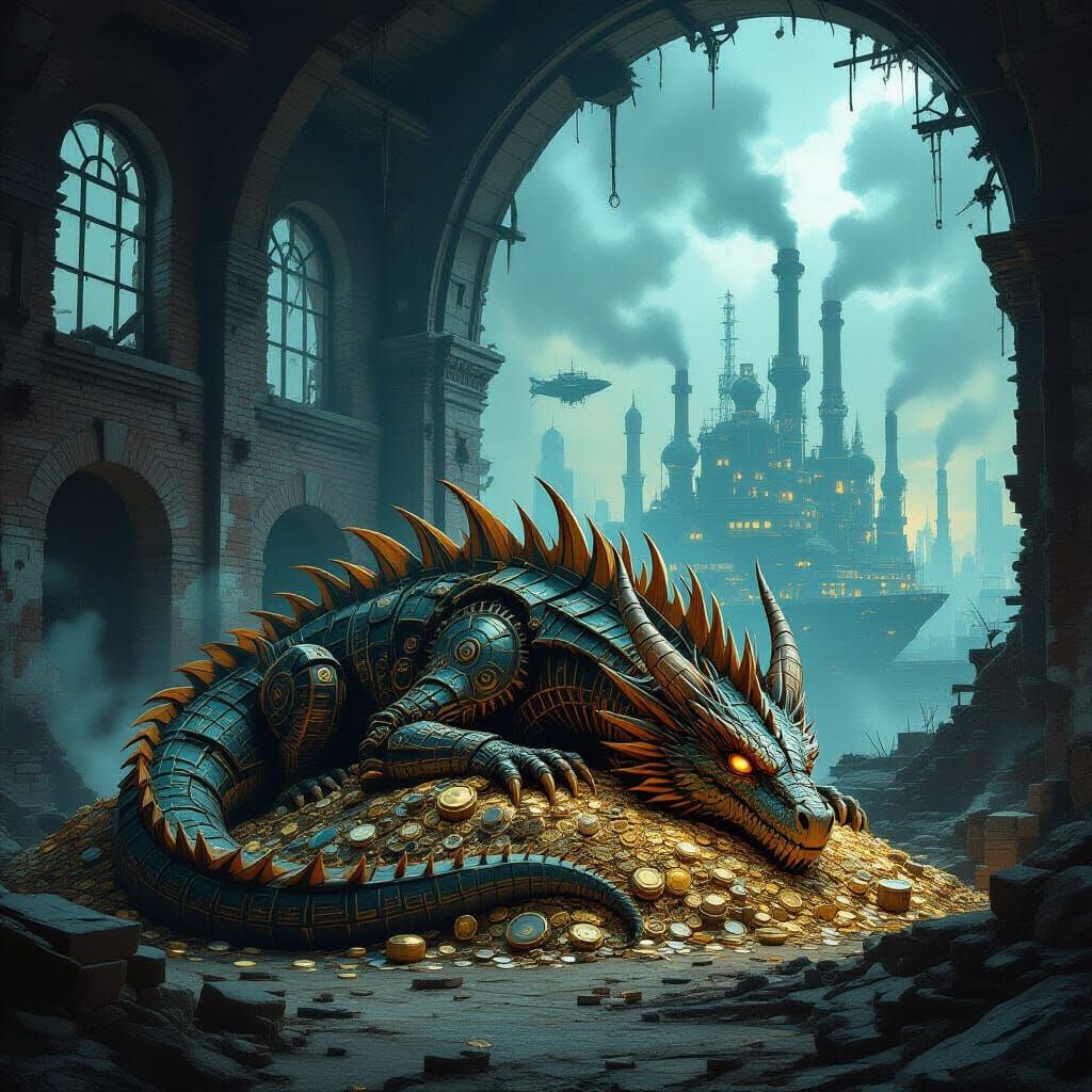 Clockwork Dragon Rests on Treasure in Abandoned Factory