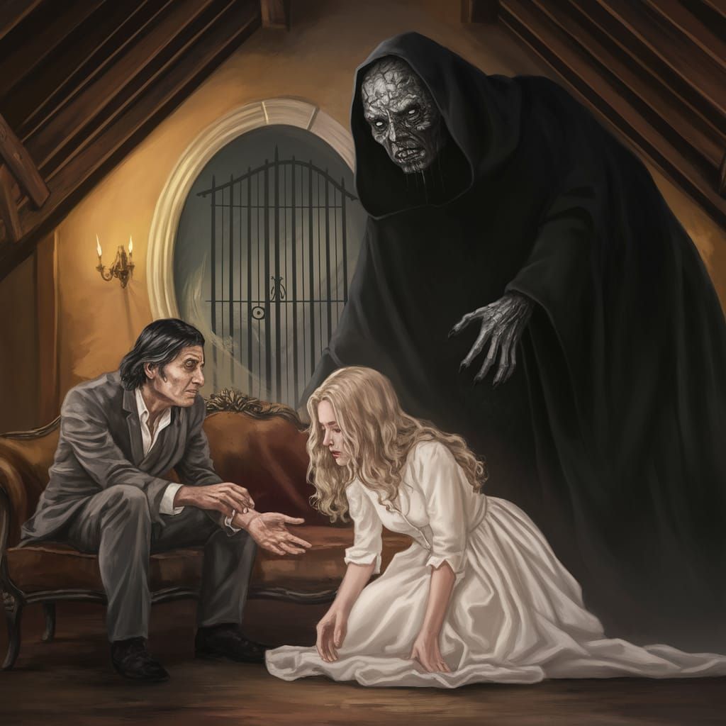 Handsome Man Confronts Dark Shadow in Candlelit Attic