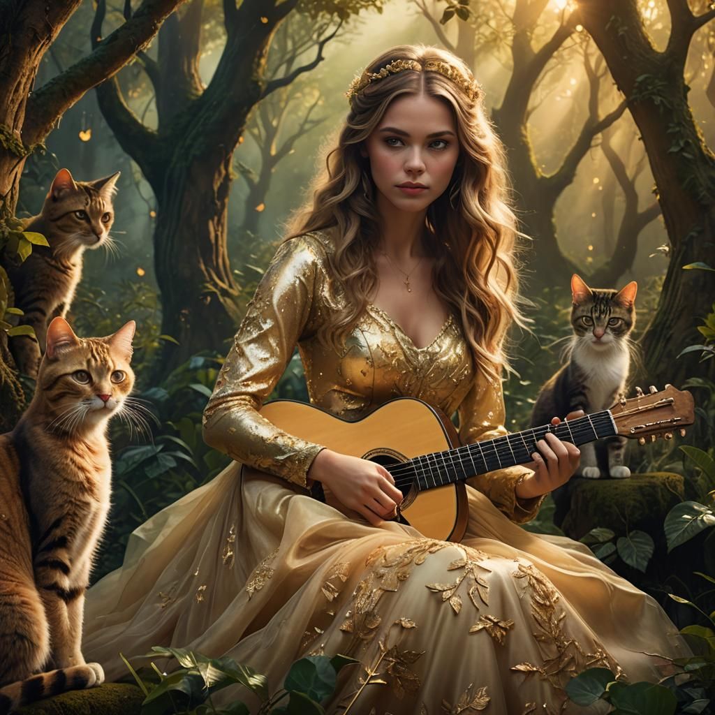 Woman in Enchanted Forest Watched by Cats