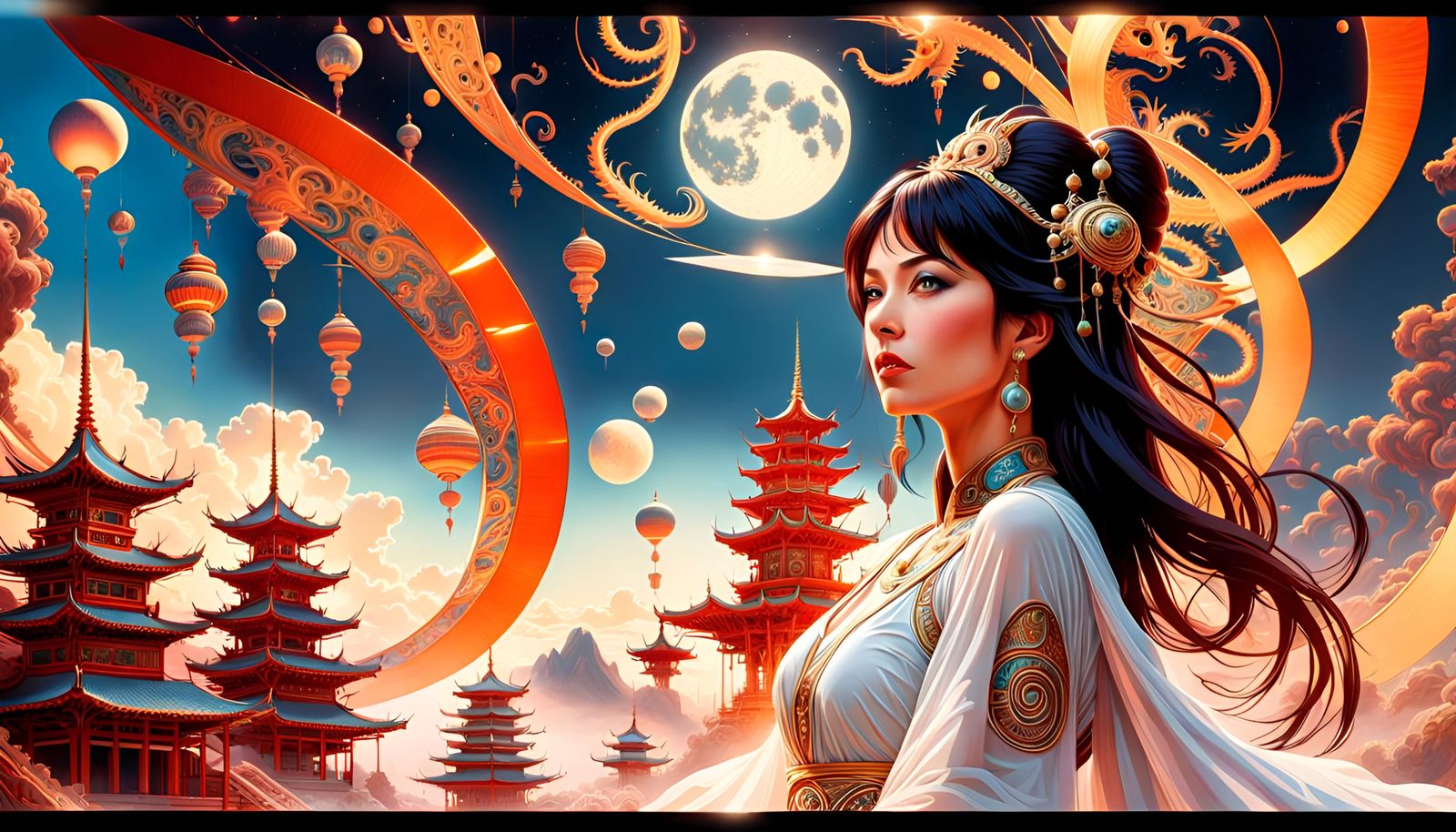 Oriental Woman in Art Nouveau Dragonscape