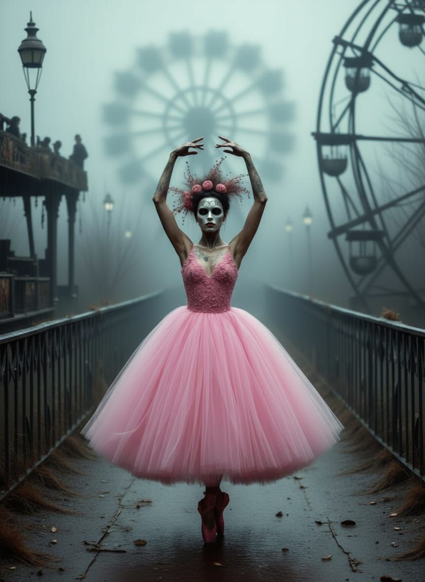 Eerie Abandoned Carnival with Ghostly Ballerina