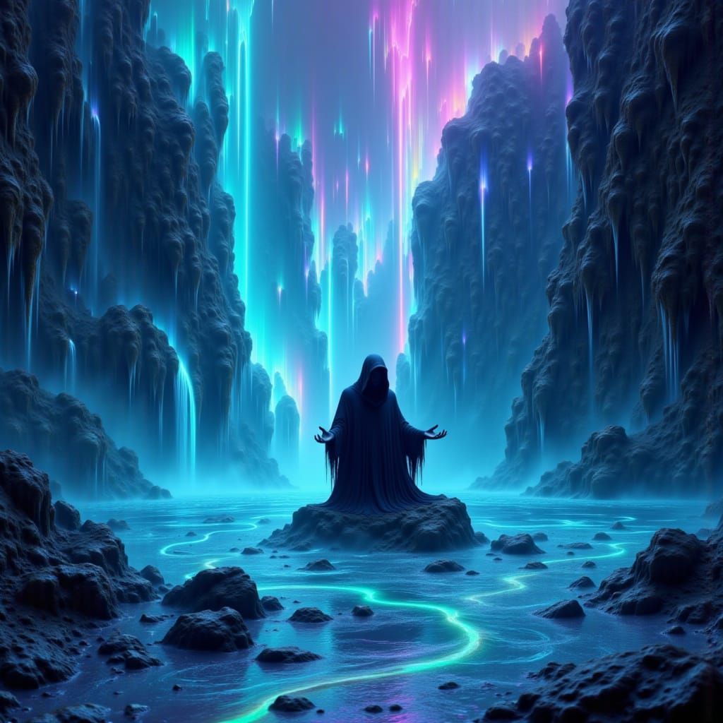 The Grim Reaper Meditates by a Neon Blue Waterfall