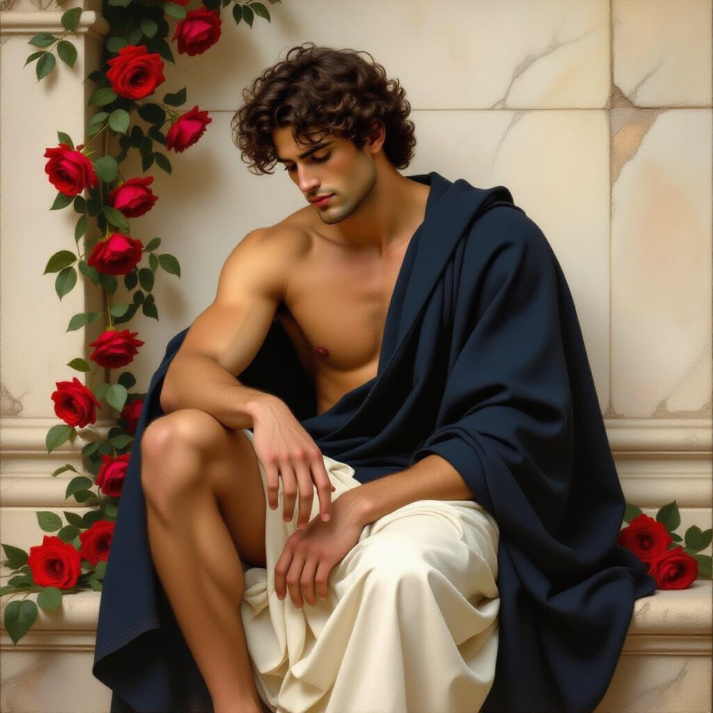 Melancholic Man in Red Roses, Classical Realism Oil Painting
