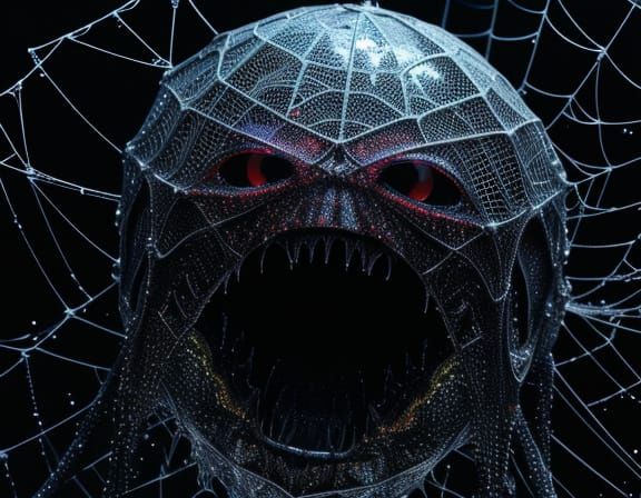 Eerie Alien in Glistening Webs: Grunge Oil Painting