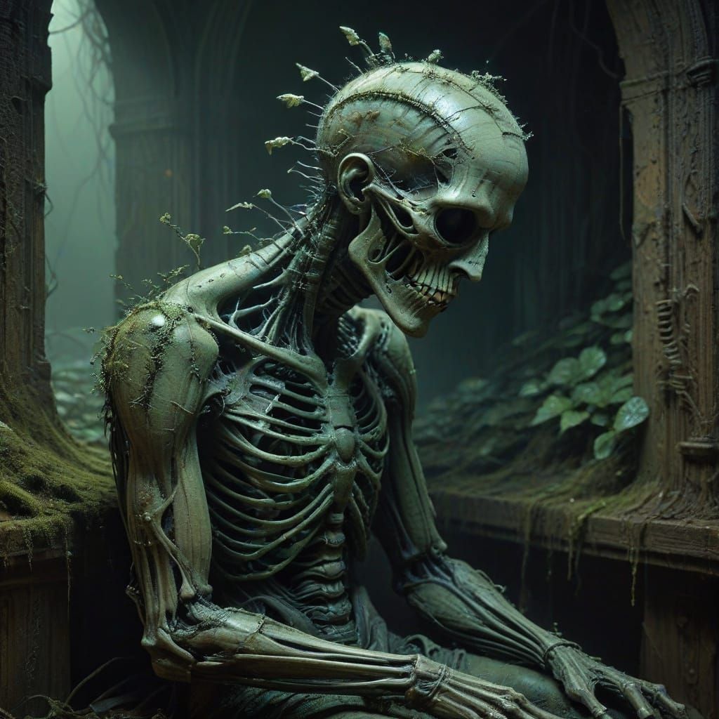 Frozen Fear in a Ruined Castle: Hyperrealist Painting