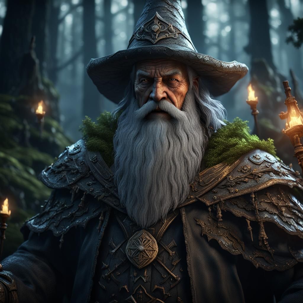 Old Wizard in Dark Forest, 3D Cinematic Render