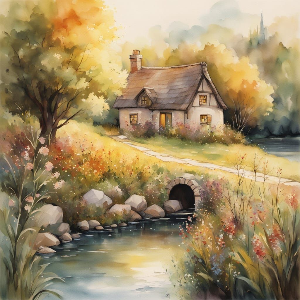 Enchanted Cottage Landscape in Watercolour Style