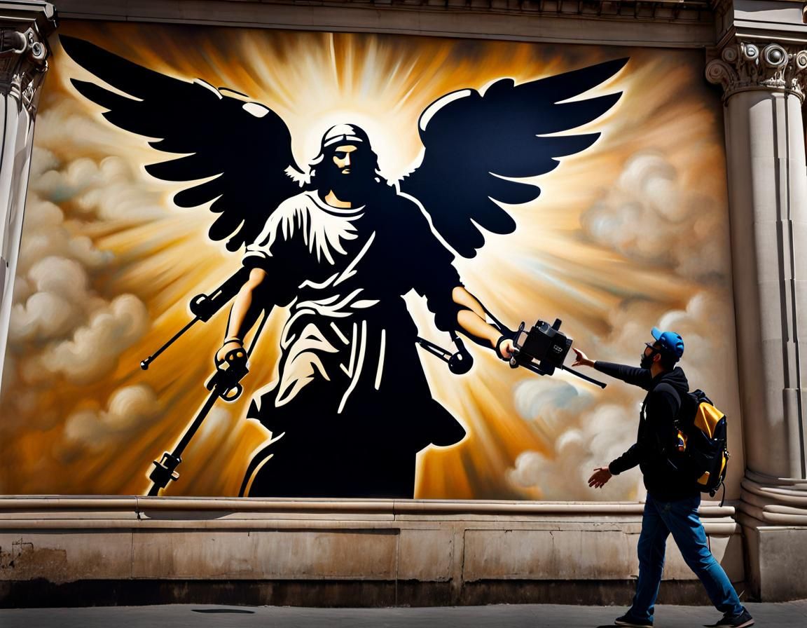 Man and Robot Mural in Renaissance Street Art Style