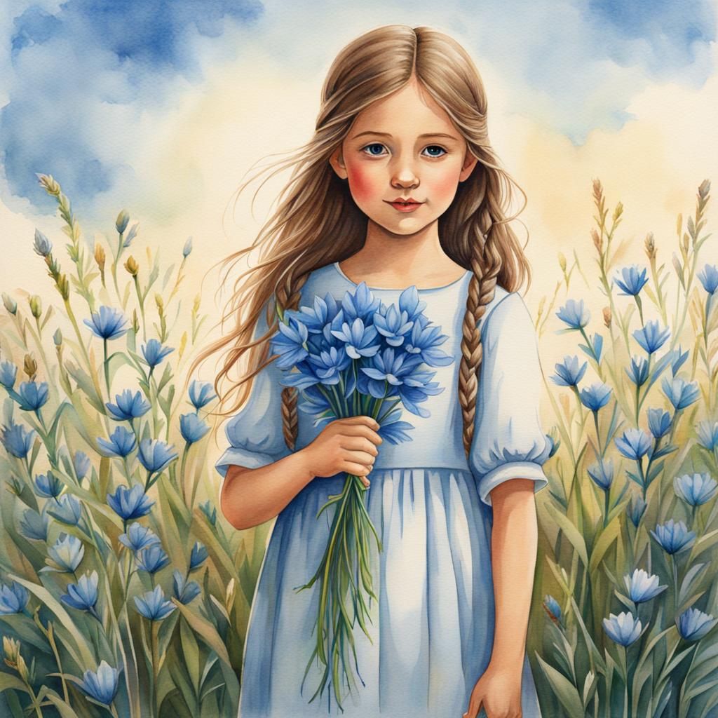 Girl with Flax Flower in Watercolor Style