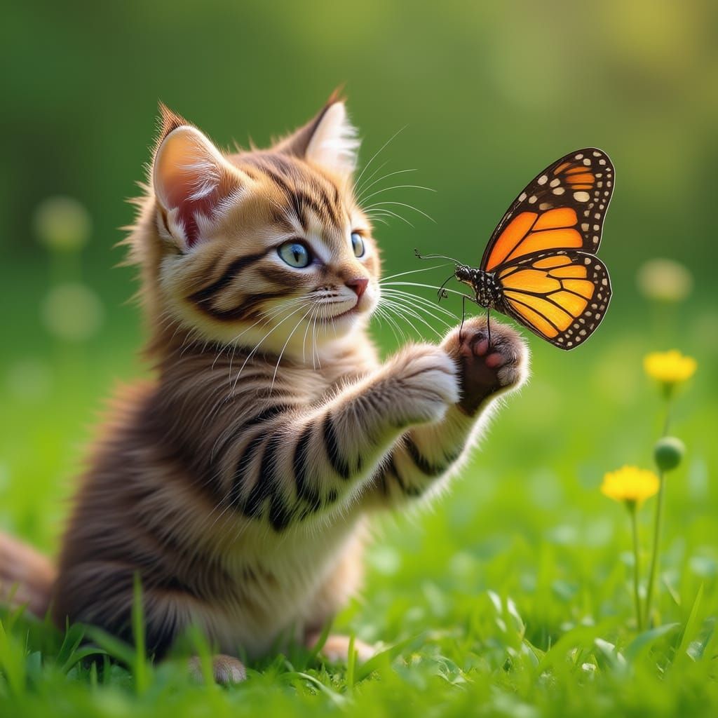 Cute Kitten Chasing a Butterfly in a Sunny Meadow