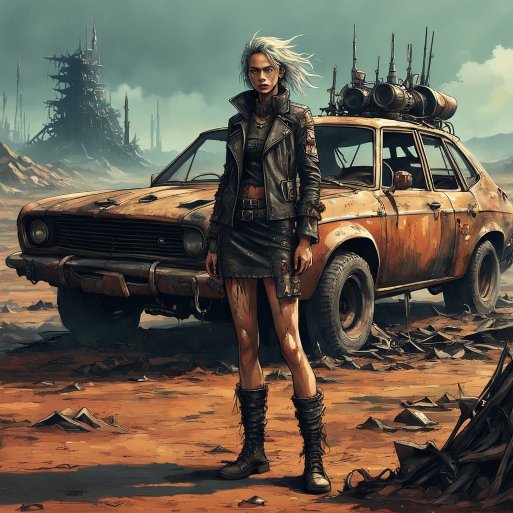 Post-Apocalyptic Warrior Woman in Mad Max Car