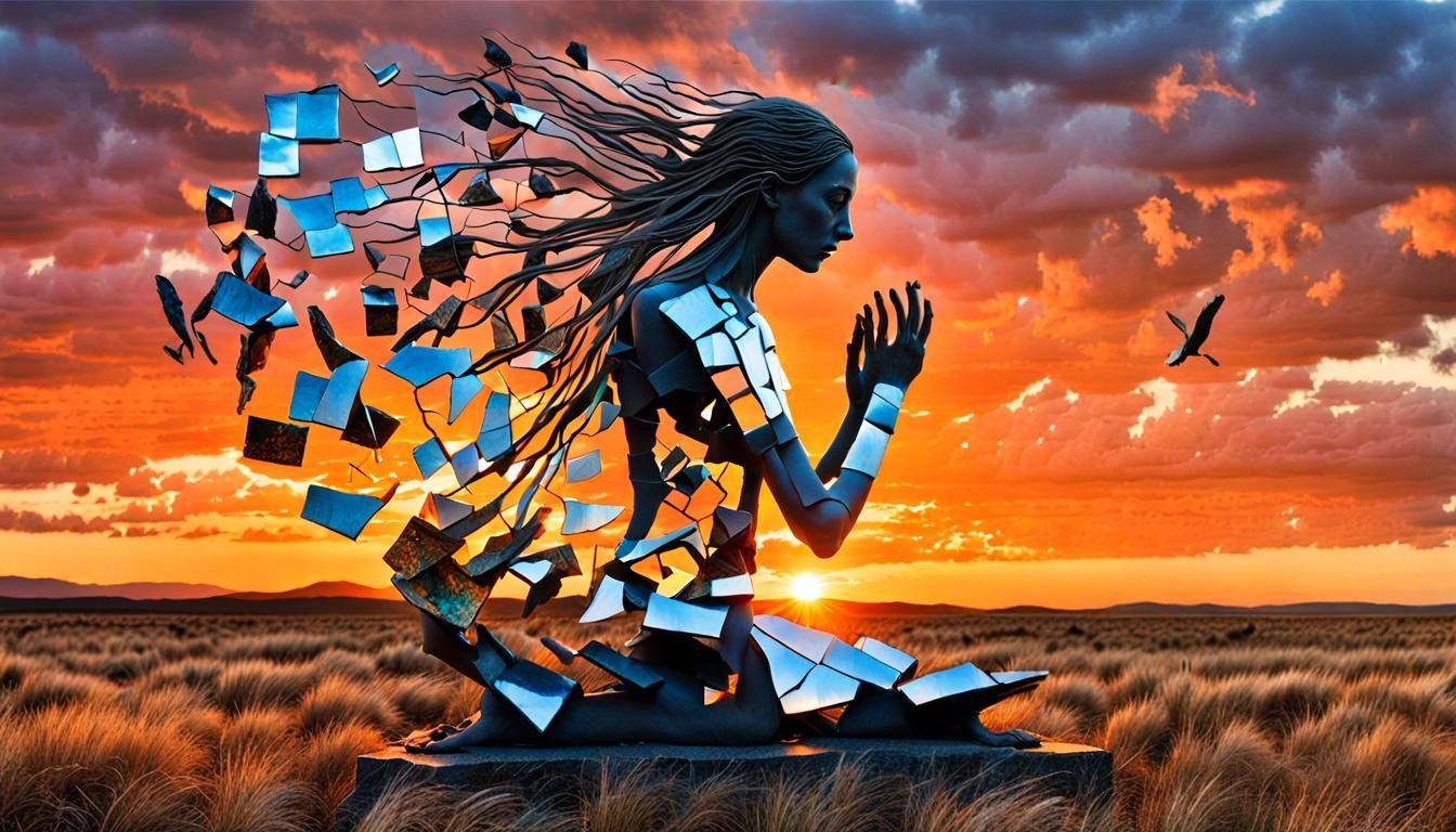 Surreal Sculpture: Woman, Sunset and Broken Mirrors
