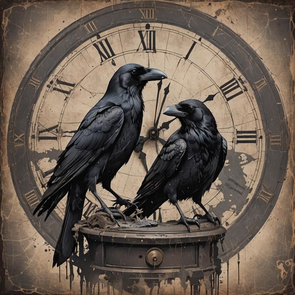 Raven Perched on Broken Clock with Grunge Texture