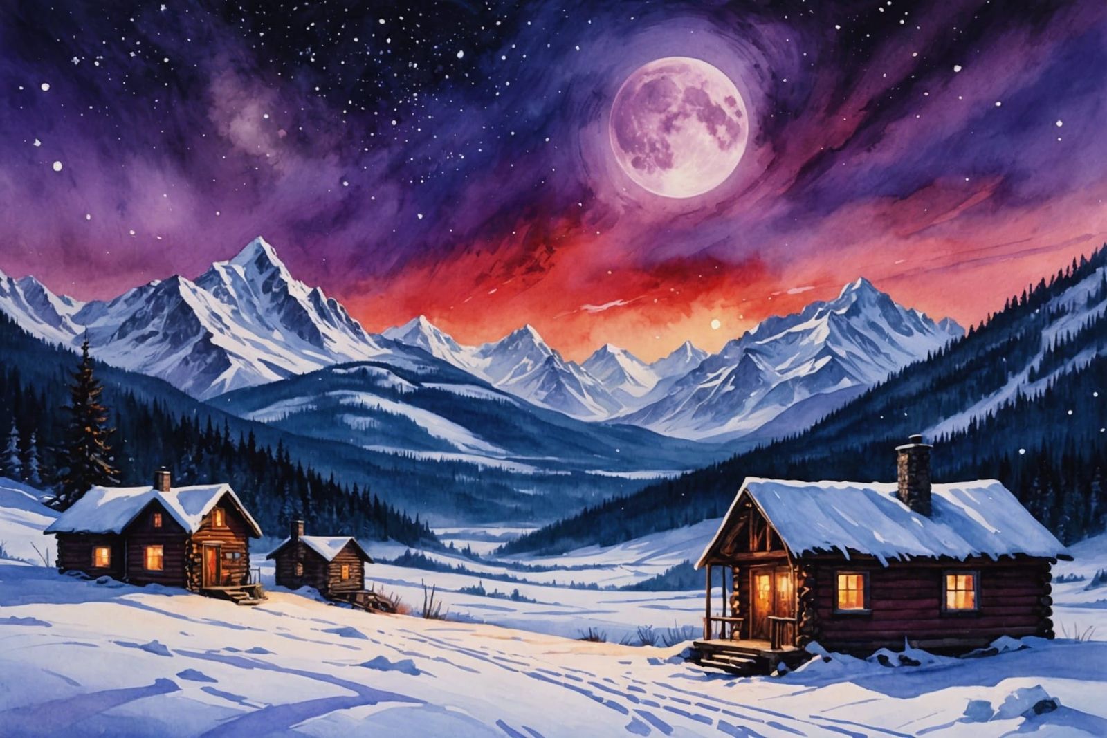 Winter Blizzard Scene in Watercolor and Oil