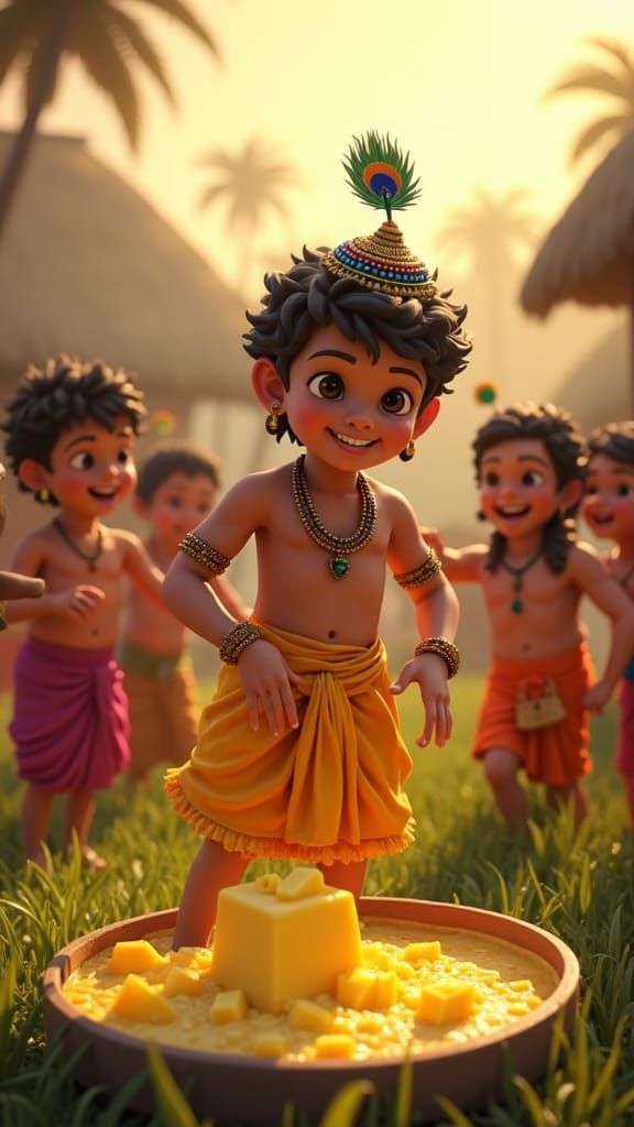 Krishna and Friends Stealing Butter, Hyper-Realistic Renderi...