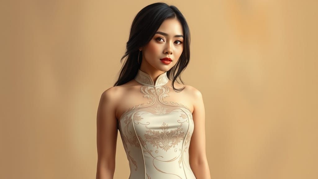 Curvy Asian Woman in Elegant Cheongsam Dress
