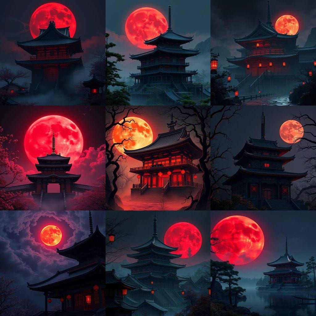 Surreal Crimson Temple Under Blood Moon