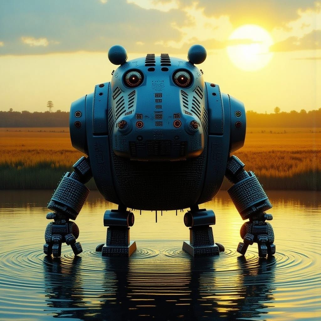 Massive Chrome Robot Hippo in Golden Hour River