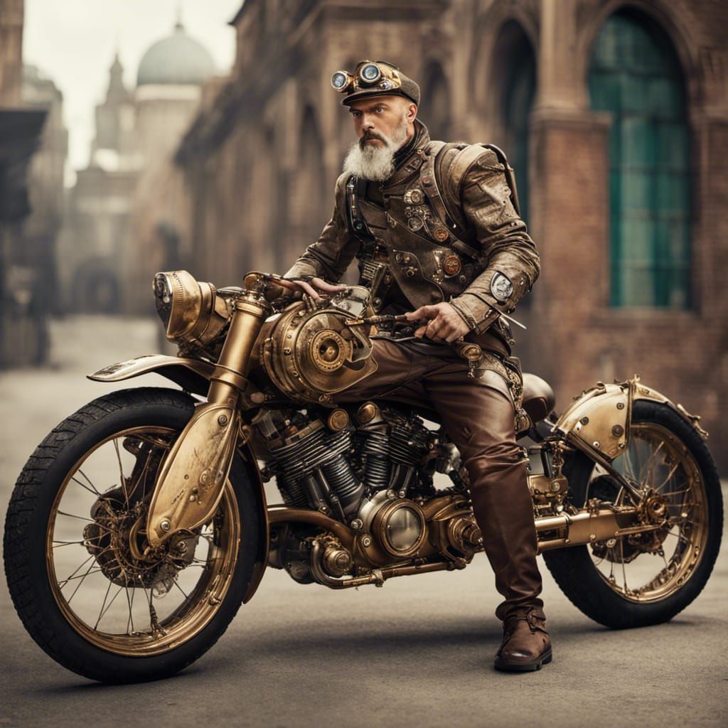 Steampunk Soldier on Futuristic Motorcycle in Anime Style