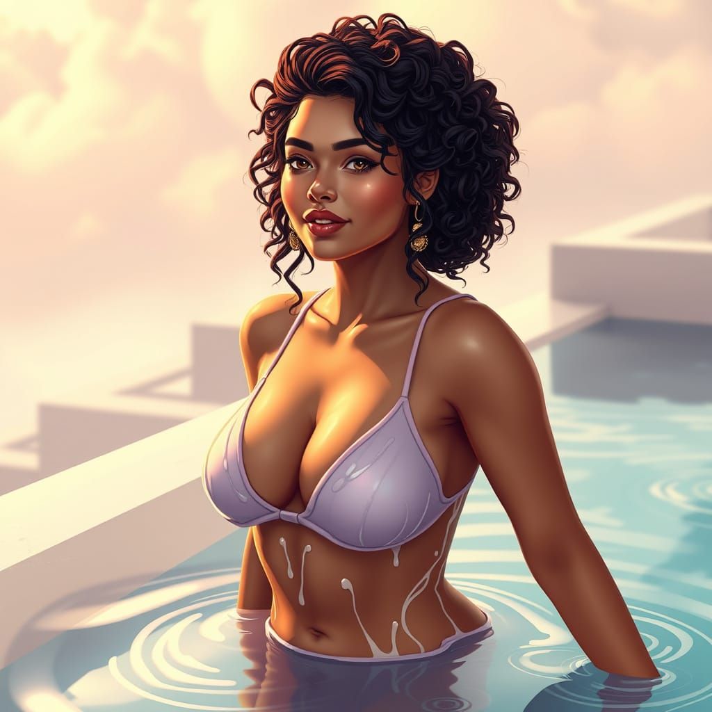 Curvy Woman in Rooftop Pool with Fractal Details