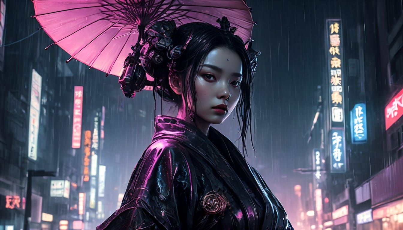 Geisha on Neon Street in Futuristic Tokyo